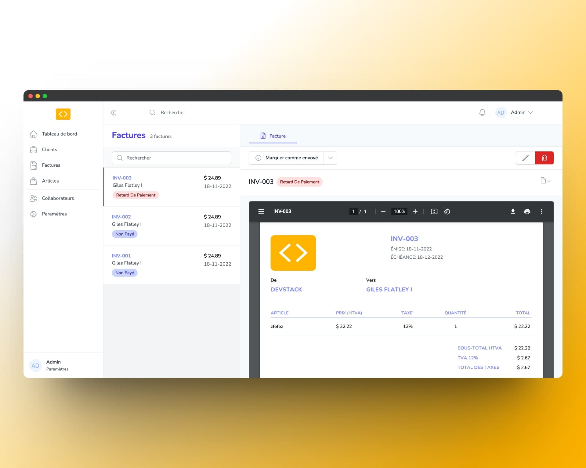 Interface Devstack CRM — gestion des clients, factures et projets en Laravel