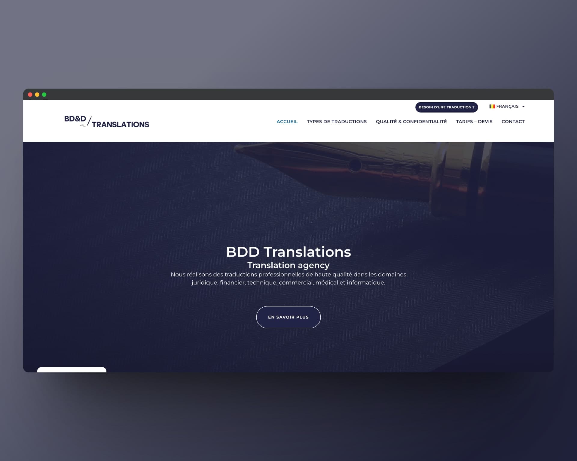 Site vitrine BD&D Translations — agence de traduction en Belgique